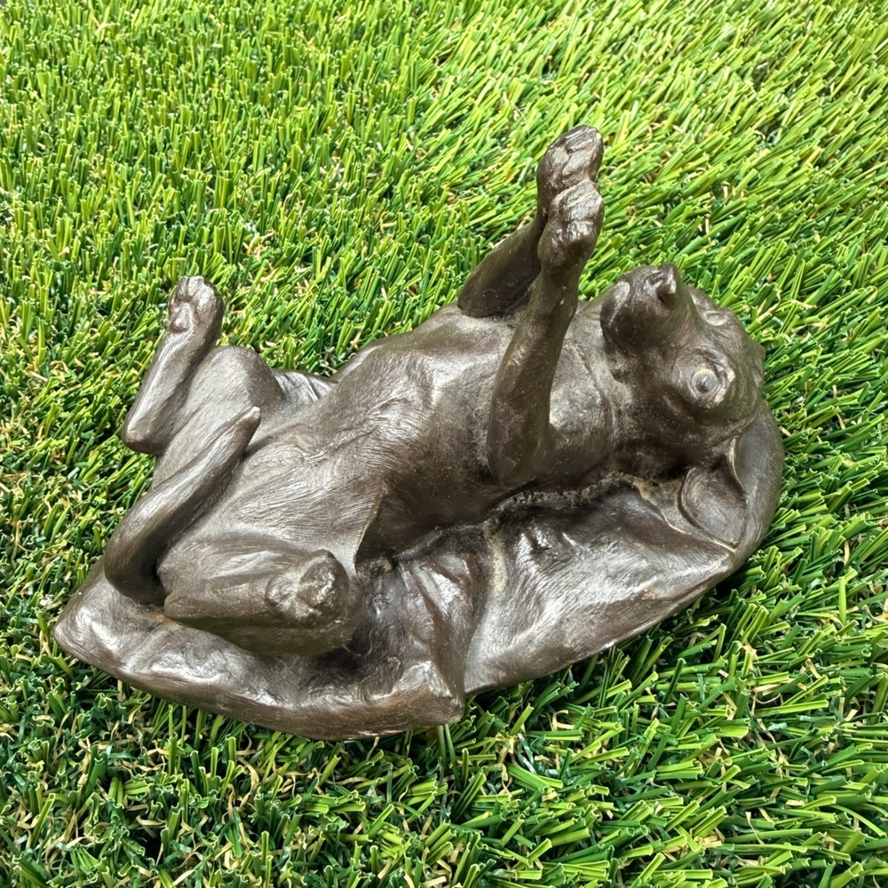 Vintage Heredities J Spouse Dog Laying on Back Cold Cast Bronze Resin Signed